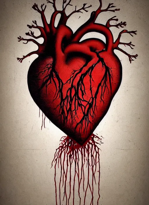 Image similar to graffiti of a dripping anatomical human heart with roots growing above it, sadness, dark ambiance, concept by godfrey blow, banksy, featured on deviantart, sots art, lyco art, artwork, photoillustration, poster art, black and red