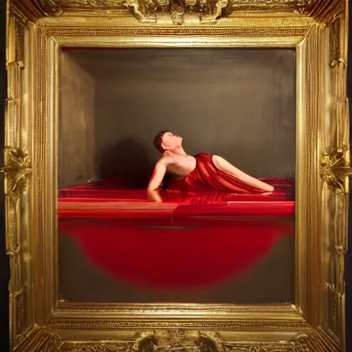 Prompt: Alan Rickman full body laying in a blood red pool of water between a golden mirror frame, outside is space and inside the mirror frame is a beautiful landscape., physically accurate, dynamic lighting, intricate, elegant, highly detailed, very very Roberto Ferri, sharp focus, illustration, art