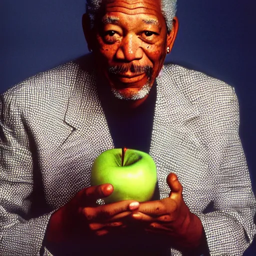 Image similar to Morgan Freeman holding a apple for a 1990s sitcom tv show, Studio Photograph, portrait C 12.0