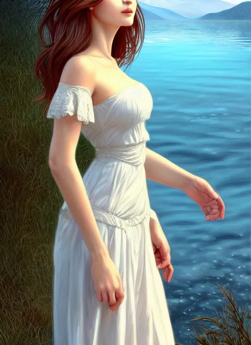 Prompt: long shot, woman posing, short wavy hair, round face, intricate white dress, lakeside, cottagecore!!, intricate, enlightened, highly detailed, digital painting, artstation, concept art, smooth, sharp focus, illustration, inspired by artgerm, by marat safin, and alphonse mucha