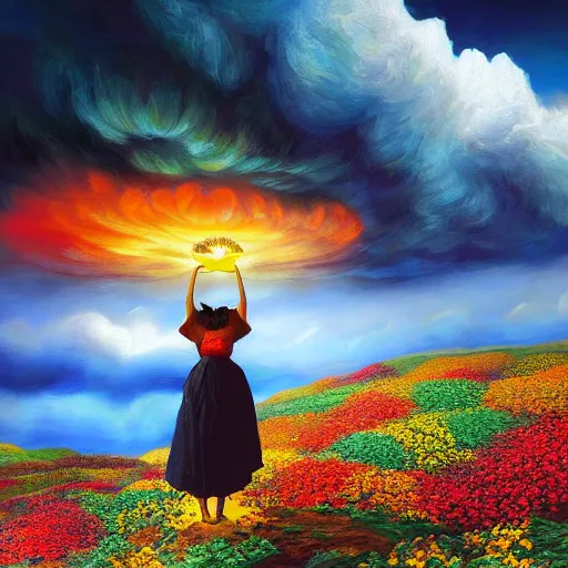 Image similar to giant flower head, frontal, woman standing on mountain, surreal photography, stormy sky, colorful clouds, impressionist painting, digital painting, artstation, rob gonsalves