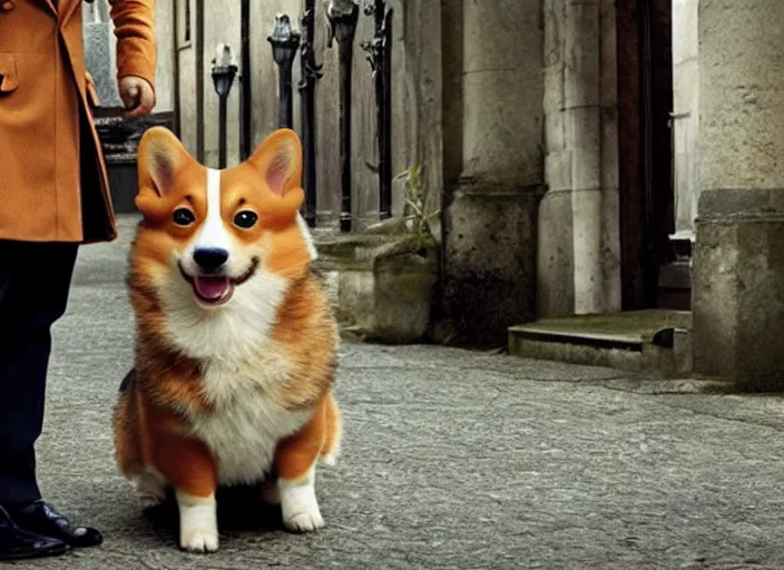 Image similar to film still if a cute corgi as sherlock holmes in the new sherlock holmes movie, 8 k