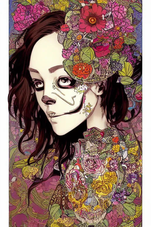 Image similar to beautiful skull cyborg portrait girl female illustration detailed patterns art of thai traditional dress, flowers pop art, floral splash painting, art by geof darrow, ashley wood, alphonse mucha, makoto shinkai