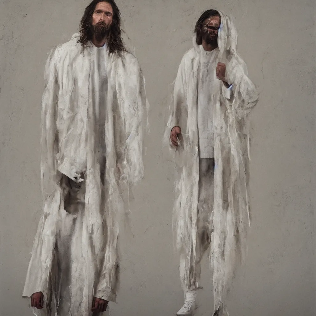 Prompt: a full body lookbook portrait of modern - day jesus wearing cream yeezy menswear collection by nicola samori, hat and hoodie, detailed, oil painting, hyper realistic, 8 k, yeezy collection