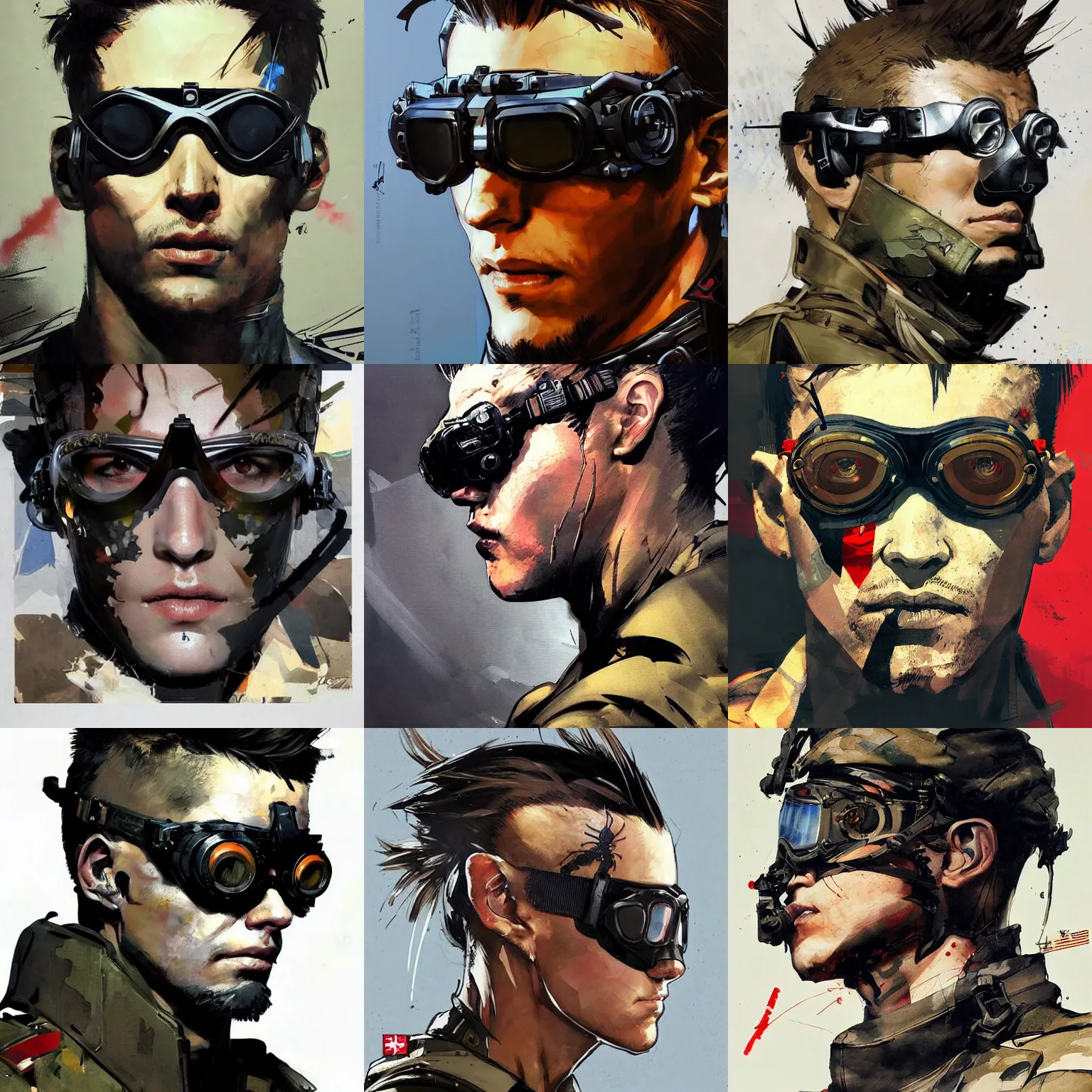 Prompt: a beautiful side portrait painting of a soldier. the soldier wears goggles that look like spider eyes, compound eyes. art by yoji shinkawa and sandra chevrier, trending on artstation, award - winning, perfect composition.