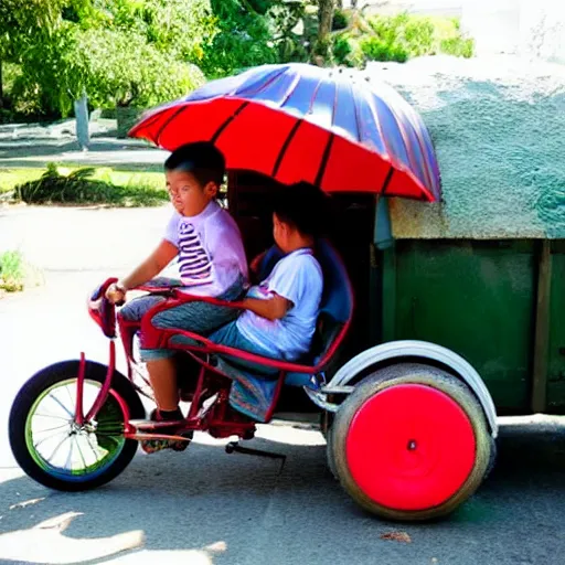 Image similar to a tricycle full of watermelons, an asian boy fell asleep in the car, summer