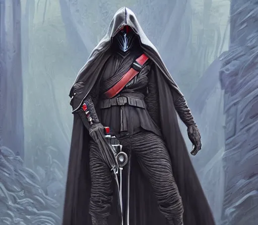 Image similar to ww 1 sith sorcerer, hooded cloaked sith lord, full character concept art, highly detailed matte painting intricately beautiful, intricately detailed by dom qwek by darren bartley byjames jean