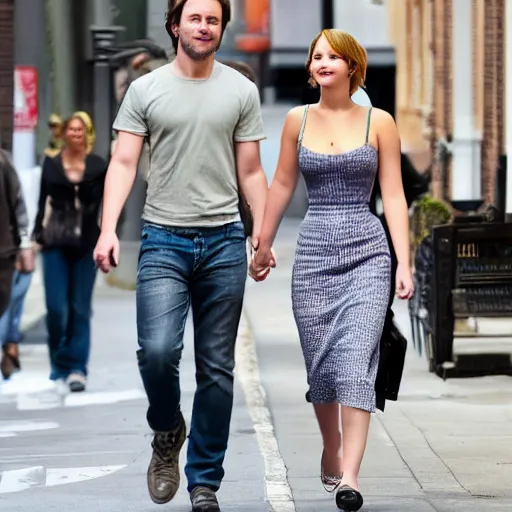 Image similar to Jennifer Lawrence and Jennifer Lawrence walking down the street, holding hands, smiling, soft focus, medium shot,