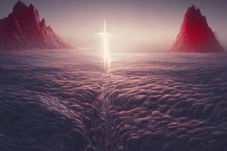 Image similar to surreal frozen landscape, winter sun, light beams, painting by beeple and zdzisław beksinski, sharp focus, red color scheme, a matte painting by li shida, cgsociety, context art, redshift, matte painting, reimagined by industrial light and magic