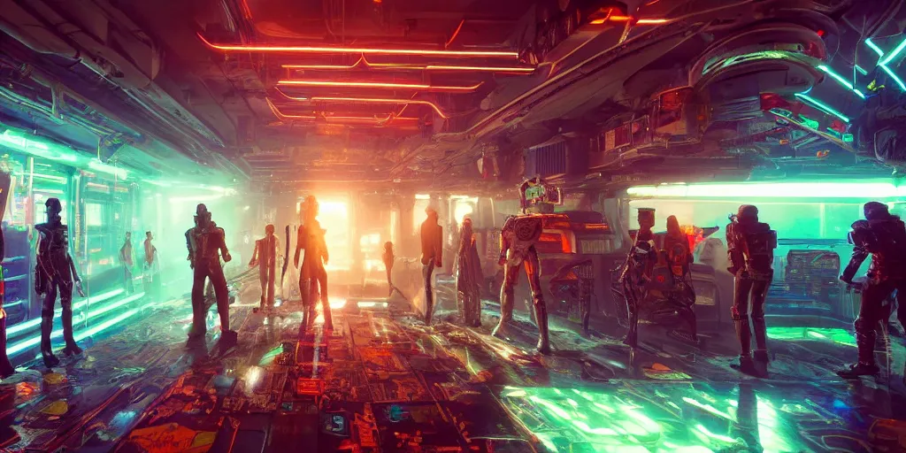 Prompt: interior shot, ready player one, apartment , nightime , scifi futuristic neon , robots , women , neon lights, james gurney, katsuhiro otomo, james paick, cinematic lighting, artstation, vibrant nature, anime style, Craig Mullins, Greg Rutkowski, Pete Morbacher, Tuomas Korpi, tekkon kinreet, volumetric light, artstation, , octane render, redshift render, low angle camera, HDRI