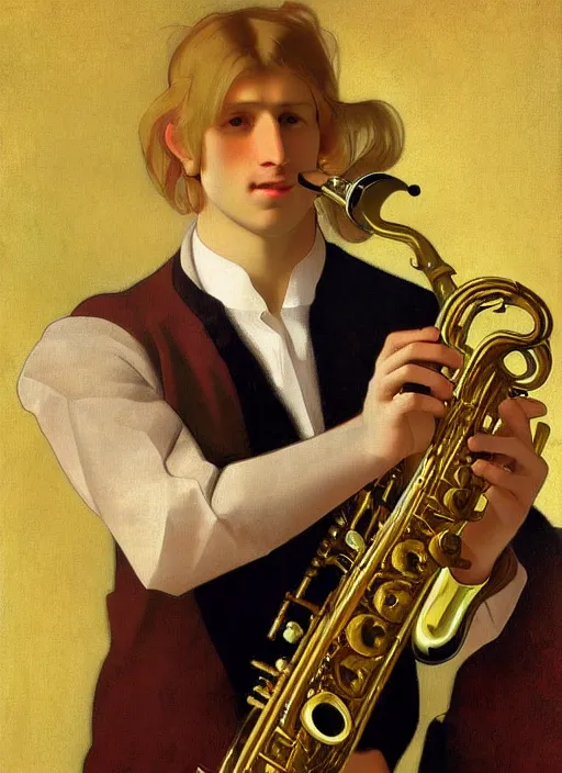 Image similar to Beautiful half body portrait of a young blond man playing sax wide view, intricate, elegant, digital painting, ilustratiom, artwork by Vermeer and alphonse mucha, serene funky fractal soft background