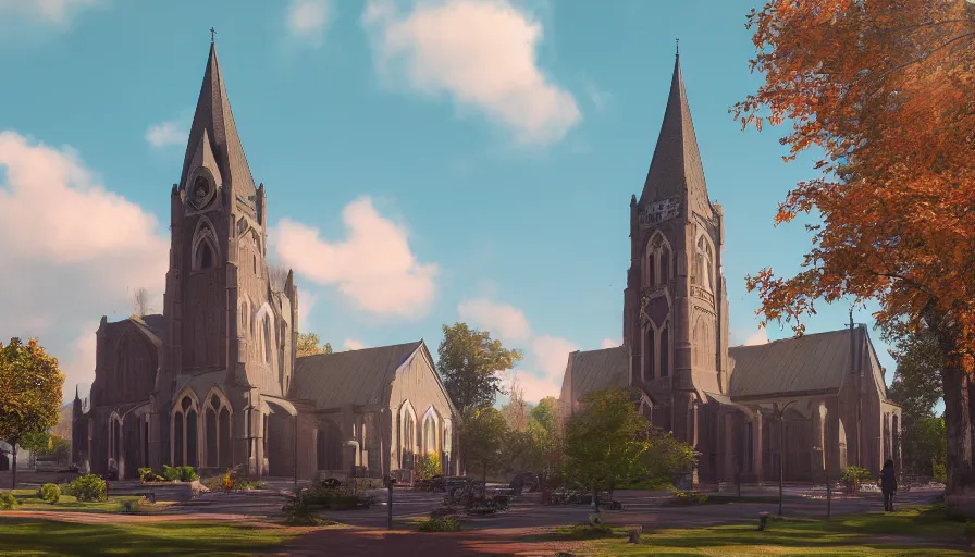 Image similar to neo - gothic midwest town, church, green square, volumetric light, sunny day, hyperdetailed, artstation, cgsociety, 8 k