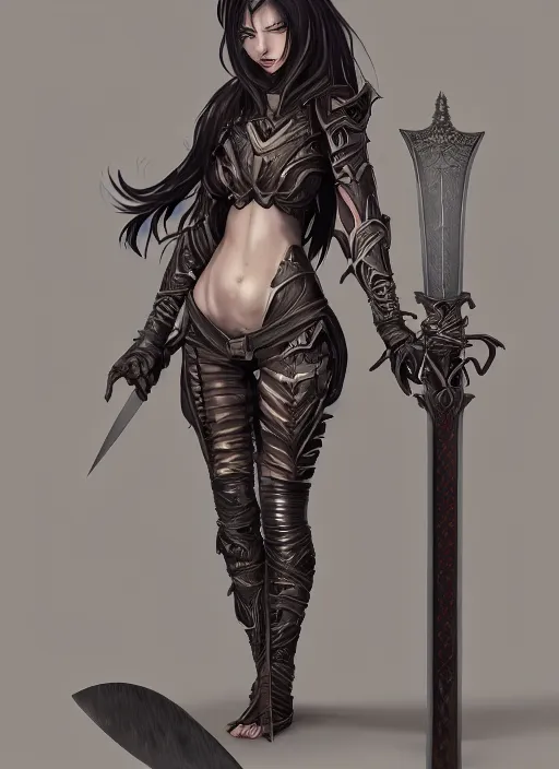 Image similar to full body portrait of a barefoot vampire swordswoman wearing heavy plate armor, real human feet, barefoot, two - handed sword, lithe, athletic, beautiful, enchanting, elegant, detailed, anatomically accurate, reasonable fantasy, in the style of guweiz, z. w. gu on artstation, 4 k.