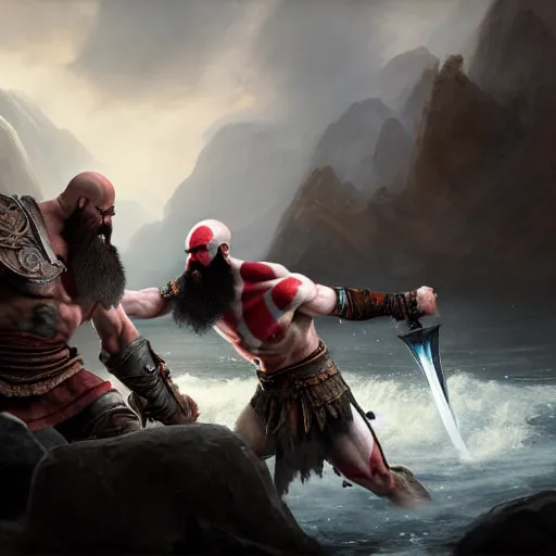 Prompt: Kratos fighting with Zeus in hellheim, God of War, extremely detailed digital painting, in the style of Fenghua Zhong and Ruan Jia and jeremy lipking and Peter Mohrbacher, mystical colors, rim light, beautiful Lighting, 8k, stunning scene, raytracing, octane, trending on artstation