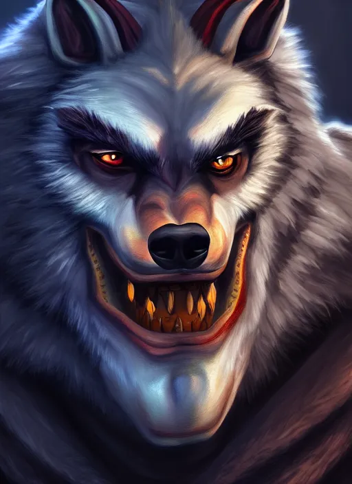 Prompt: portrait painting of werewolf king, acrylic, daz. detailed, portrait, oil painting, artstation, unreal 5, hd, artgerm, dnd, rpg