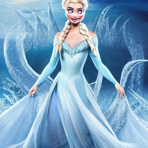 Image similar to Margot Robbie as Elsa in disney frozen live action, 8k full HD photo, cinematic lighting, anatomically correct, oscar award winning, action filled, correct eye placement,