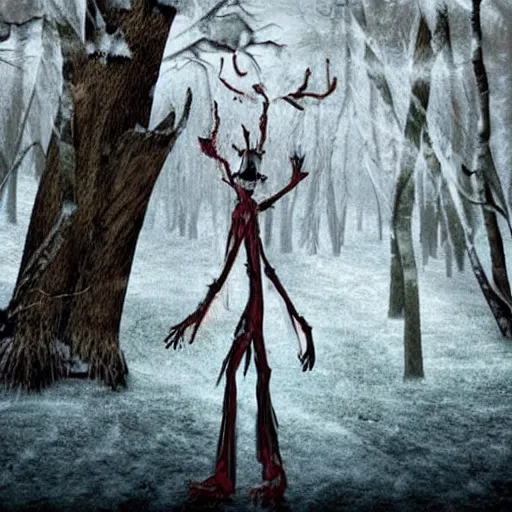 Image similar to horrifying digital art of a blood soaked skinwalker, lanky, skinny, pale skin, snow, forest, dark, horrifying