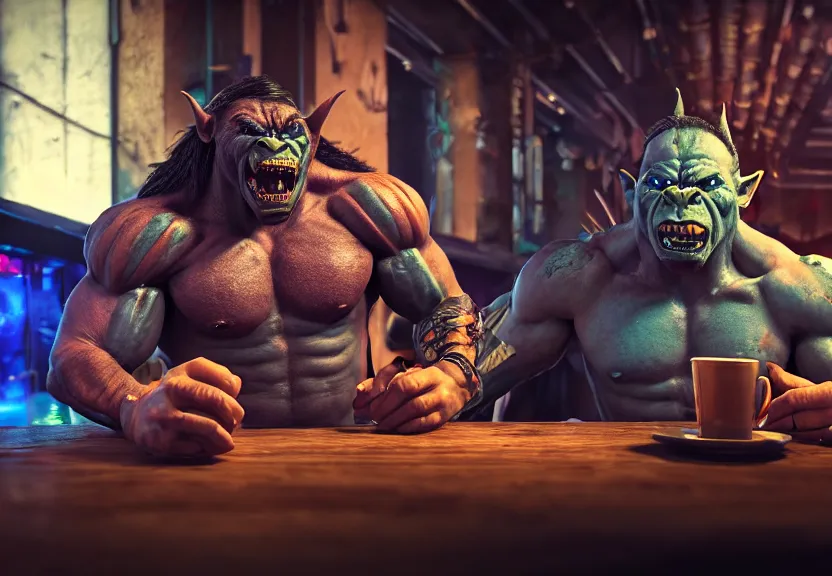 Prompt: a muscular male orc punk sitting at a table in a cafe in a cyberpunk city, close up shot, sharp focus, shallow depth of field, highly detailed face, 8k, unreal engine 5, cinematic lighting, vivid elegant fantasy concept art, character art, stern blue neon atmosphere, artstation, deep complimentary colors, volumetric lighting, photorealistic, hyperdetailed 3D matte painting, hyperrealism, hyperrealistic masterpiece