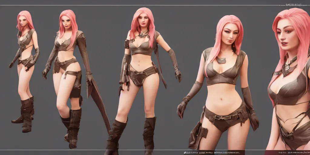 Image similar to character sheet of sophie turner as miss fortune (League of Legends). 3d render, octane render, iRay, ray tracing, realistic, highly detailed, trending on artstation, 4k, cgsociety, unreal engine 5, redshift render, blender cycles, behance, cg