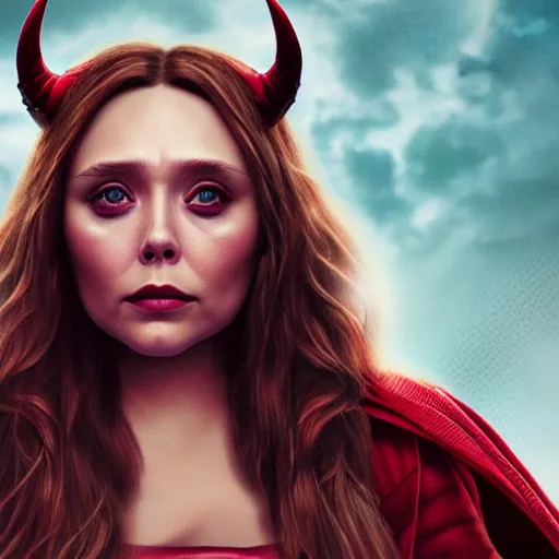 Image similar to A portrait of elizabeth Olsen as scarlet witch with horns, cinematic, digital art, amazing detail