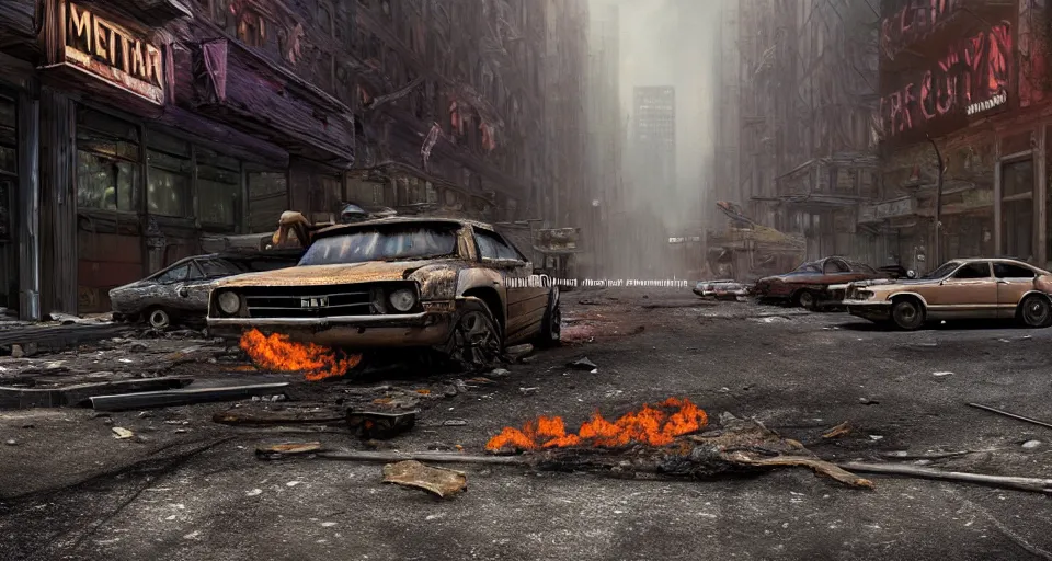 Image similar to A beautiful hyper realistic ultra detailed lifelike matte painting of a scruffy Timber Wolf standing in the middle of an abandoned post-apocalyptic New York City street at night with cars and buildings enflamed on fire, unreal engine, deviantart, flickr, artstation, octane render, textured, colorful, extreme realistic detail, physically based rendering, pbr render, very detailed, volumetric lighting, detailed lighting, octane render, 4k, cinematic lighting, 8k resolution