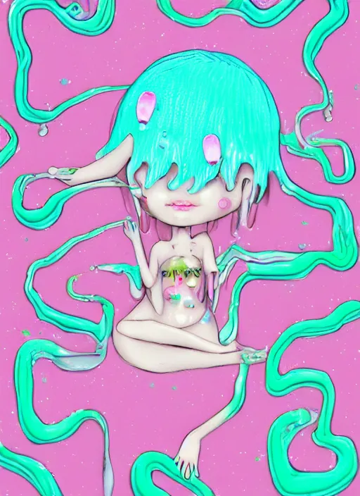 Image similar to melting anorexic pastel cute slimy slime angels, decora inspired illustrations