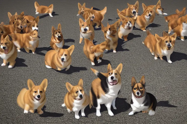 Prompt: nothing but corgis, as far as the eye can see. photo realistic 35mm 4k