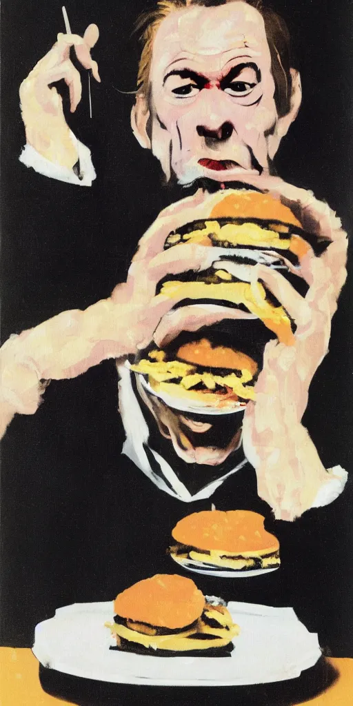 Prompt: painter francis bacon eating a plate of bigmacs in toyko, in the style of rothko, self portrait, dark, funny, clever