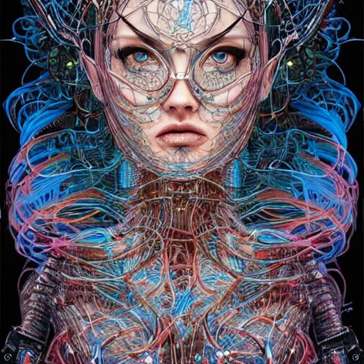 Prompt: beautiful bio punk woman_integrating_with_technology_full_face_insipiring_detailed_intricate_ornate_cables_connected_to_head_big_open_electric_eyes_ the_singulairty by android jones