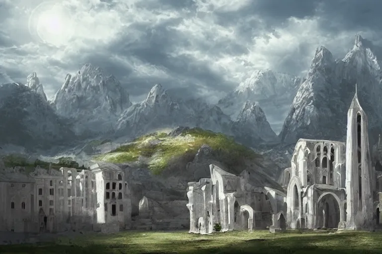 Prompt: An ancient gothic city with white buildings with mountains in the background, digital painting, soft lighting, high detail