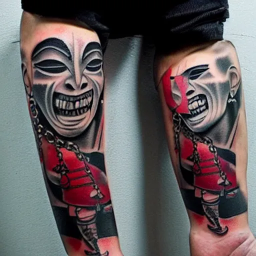 Image similar to Full body tattoo, samurai, chains, ink, undead