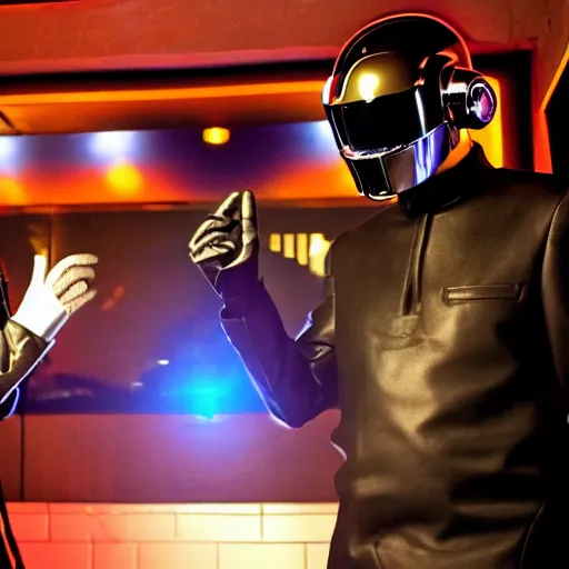 Prompt: daft punk singing singing karaoke in a rundown cyberpunk bar