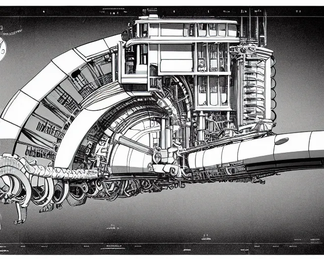 Prompt: a full page of a mechanical blueprint showing a cutaway design for a mechanized brontosaurus from howl's moving castle ( 2 0 0 4 ), with a big head, muted colors, post grunge, studio ghibli, hq,