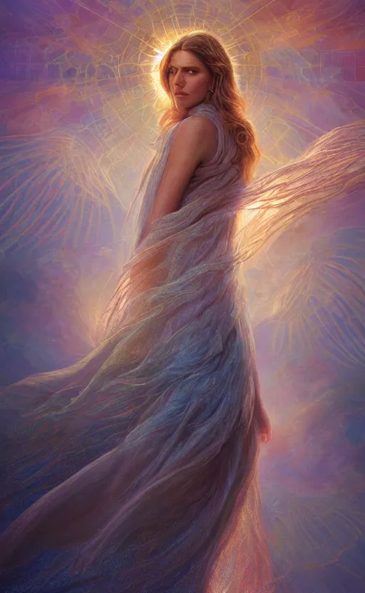 Prompt: peaceful uncertainty of saying goodbye, crossing over the spiritual veil to heaven, sharp focus, intricate, elegant, digital painting, artstation, matte, highly detailed, concept art, illustration, volumetric lighting, gold and blue and pink color scheme, bokeh light, art by greg olsen, arnold friberg, and liz lemon swindle