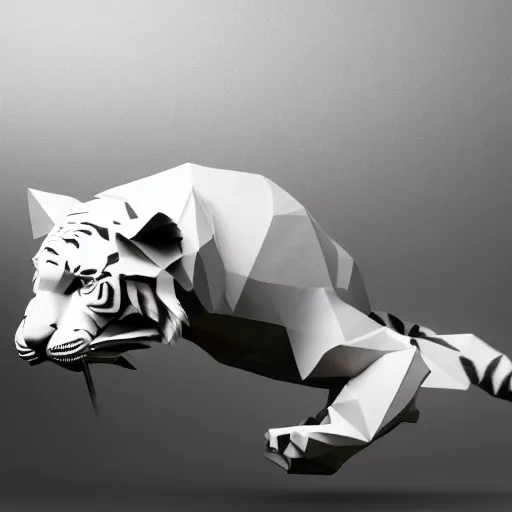 Prompt: a low - poly render of an all white tiger with no stripes in a dynamic action pose dwelling in the spirit realm, low poly 3 d, octane render, dramatic dreamlike lighting, all white render, no textures, angular energetic background elements, angular dynamic white rock floor, artgerm, unreal