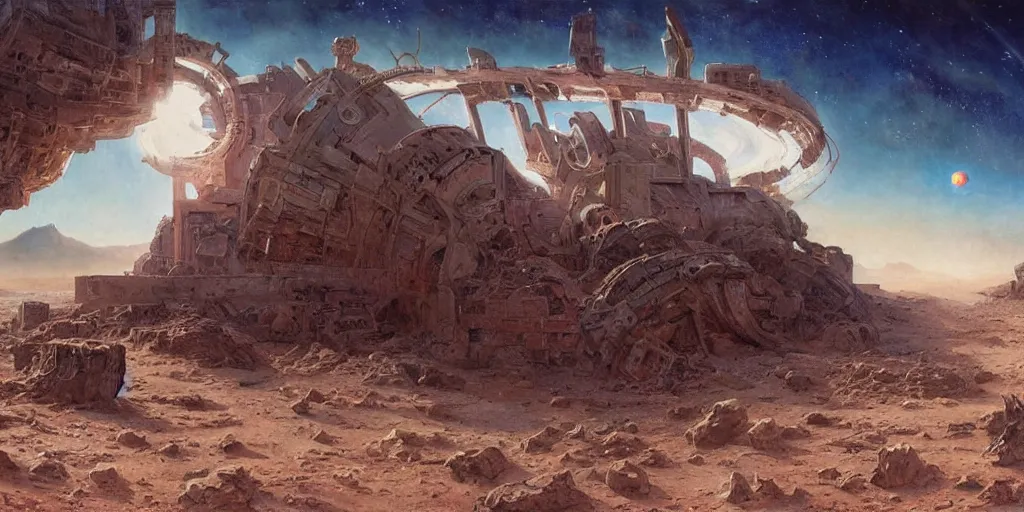 Image similar to supernova, neo brutalism space station ruins in the mars desert, painted by steve mccurry, ruan jia, raymond swanland, lawrence alma tadema, zdzislaw beksinski, norman rockwell, jack kirby, tom lovell, alex malveda, greg staples