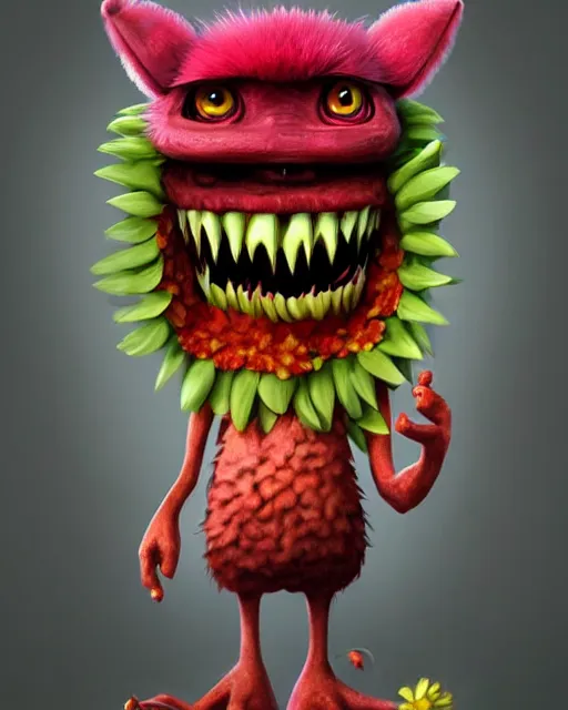 Prompt: Cute flower monster with sharp teeth and crazy googly-eyes, sam nassour, pixar, artstation