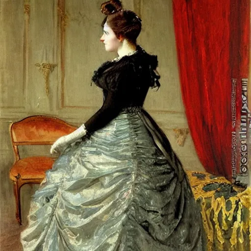 Image similar to young victorian lady in ball gown putting on her dress glove, painted by alfred stevens