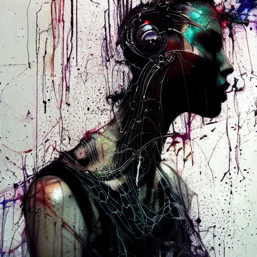 Image similar to a dark cyberpunk dream of wires broken skulls skin cybernetic machines and decay moody hyperrealism 8 k photo atmospheric by jeremy mann francis bacon and agnes cecile ink drips paint smears digita glitches glitchart