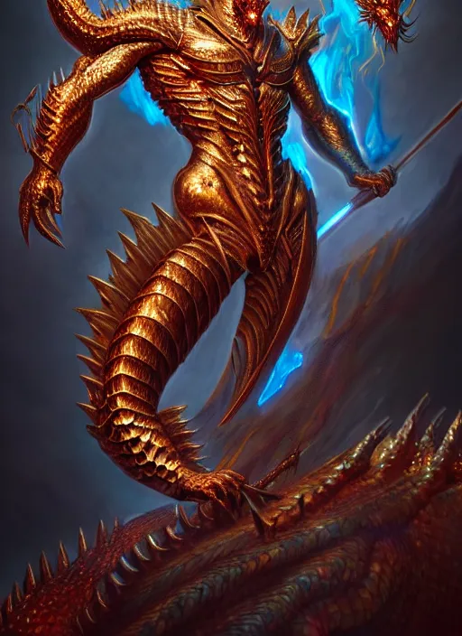 Image similar to muscular and tall ghostly fire humanoid dragon!!!! draconian!! intricate ornate iridescent heavy armor!! character concept art, sharp focus, octane render! unreal engine 5! highly rendered!! trending on artstation!! detailed linework!! illustration by artgerm, wlop, and chie yoshii