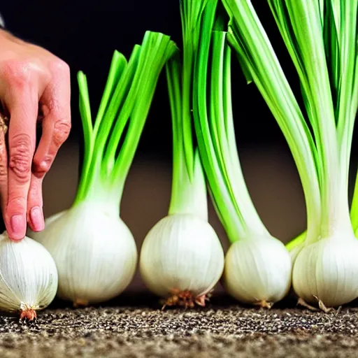 Image similar to Onion Heads gang turf war with the rival Celery Foot gang. Hands can be distinguished by wearing their colours and their onion heads and celery feet. Award winning photography