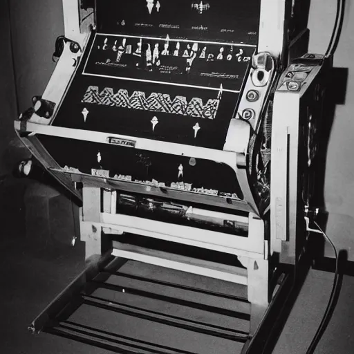 Prompt: an archival print of a chess machine with cables and screens