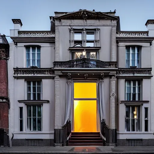 Prompt: façade of an elegant three-storey 19th-century house with soft, smooth bulbous shapes protruding like wooden lava from the front door and lower windows, surreal, installation art reimagined by industrial light and magic