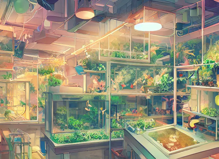 Prompt: pleasing two - point - perspective anime background clean neat clarity professional visual development set design, tiny cozy store with hanging bird cages and bright fish aquariums, sparse planted terrariums, dim painterly lighting volumetric aquatics, impasto, trending on pixiv