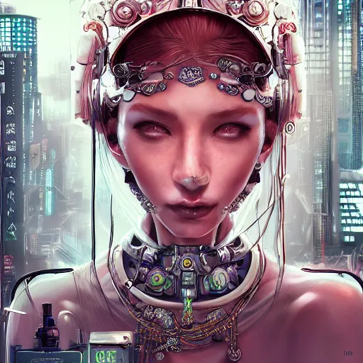 Prompt: the portrait of an absurdly beautiful, graceful, elegant, sophisticated, fashionable cyberpunk gravure idol, an ultrafine hyperdetailed illustration by kim jung gi, irakli nadar, intricate linework, bright colors, porcelain skin, mixed metals, unreal engine 5 highly rendered, fashion photography, global illumination, radiant light, detailed and intricate environment