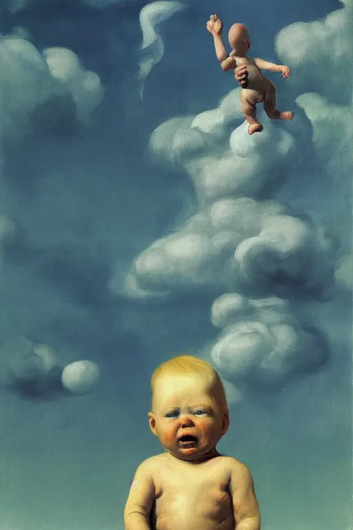 Image similar to evil human giant baby in a diaper, grows up to the sky, against the backdrop of destroyed high - rise building, hauntingly surreal, highly detailed painting by francis bacon, edward hopper, adrian ghenie, gerhard richter, and james jean soft light 4 k,