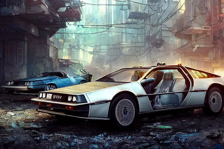 Image similar to highly detailed photorealistic rendering of a delorean parked on the streets of a cyberpunk abandoned city with the door open, futuristic post - apocalyptic vibe, by greg rutkowski and stanley artgerm and alphonse mucha, octane, sharp focus, hyperrealistic, unreal engine 5, vray, masterpiece