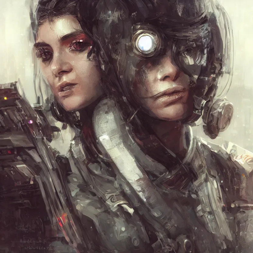 Prompt: closeup portrait of a beautiful guard dystopian cyberpunk trending on art station