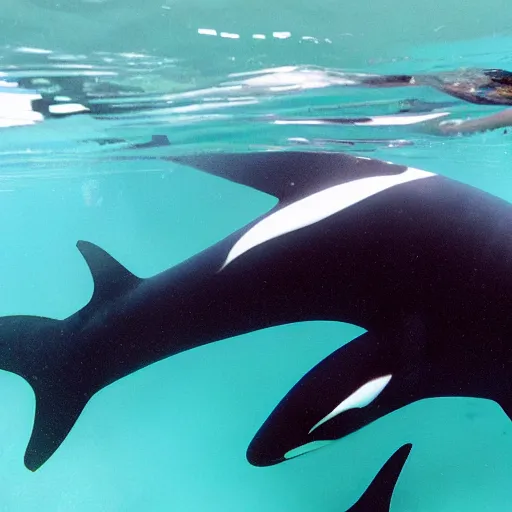 Image similar to gorgeous woman underwater with an orca whale trying to eat her