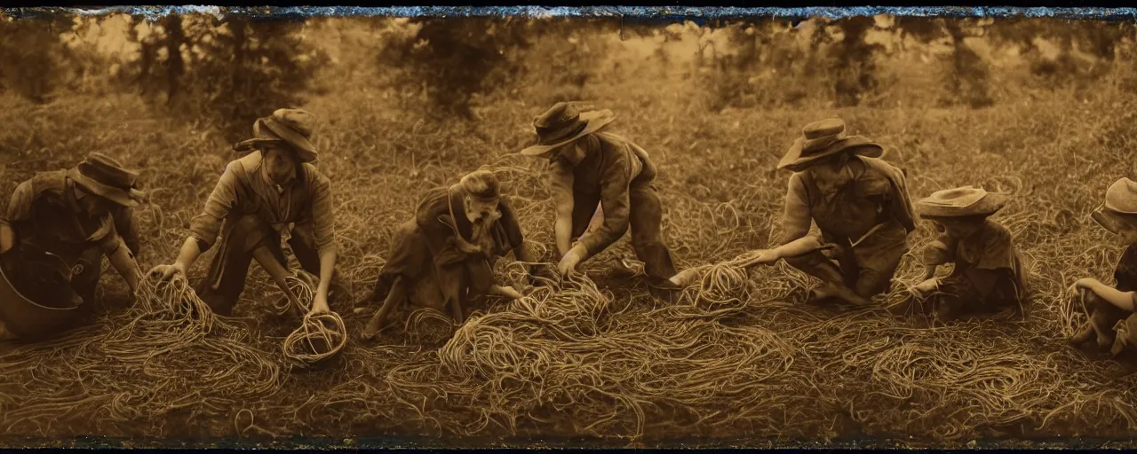 Image similar to harvesting spaghetti during the gold rush, tintype, small details, intricate, sigma 5 0 mm, cinematic lighting, photography, wes anderson, diane arbus, film, kodachrome